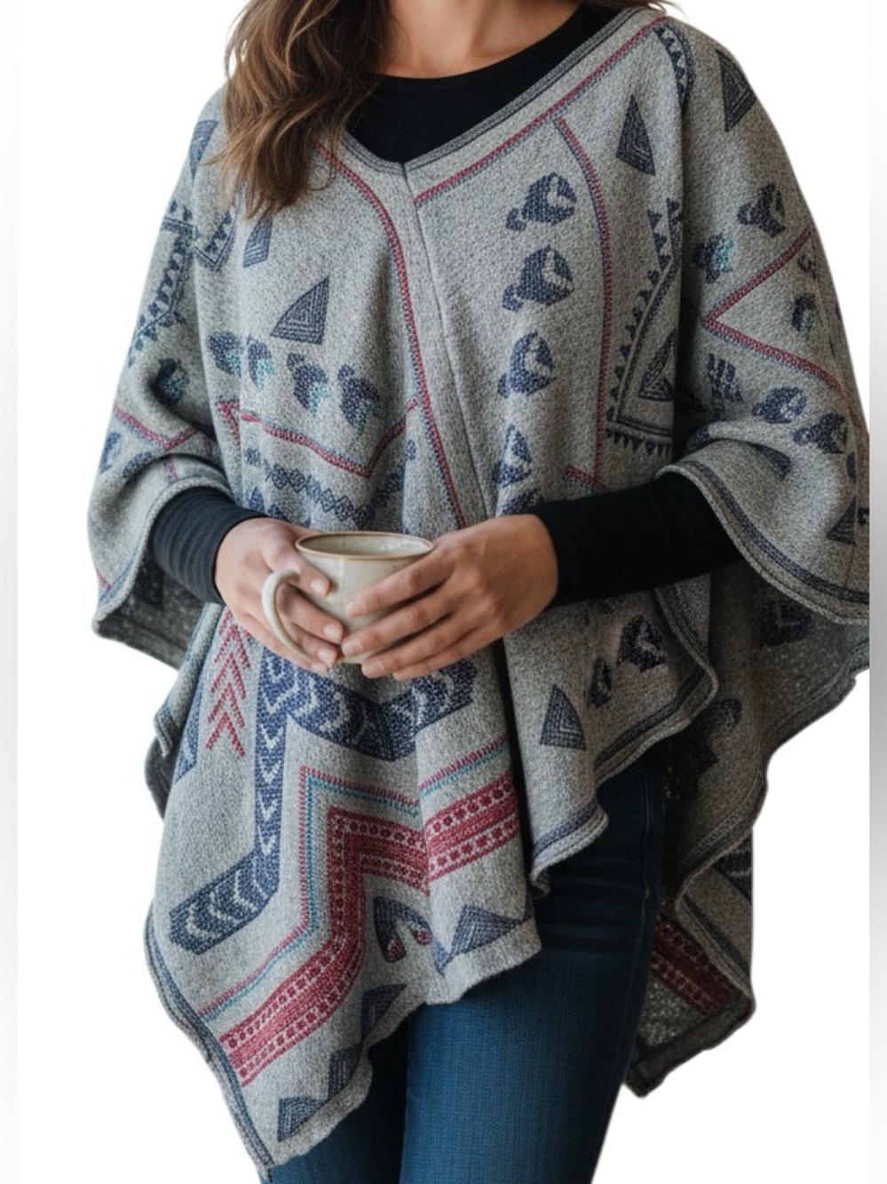 JOHNNY WAS: Grey Tribal Embroidered Poncho / Shrug - Size Large
